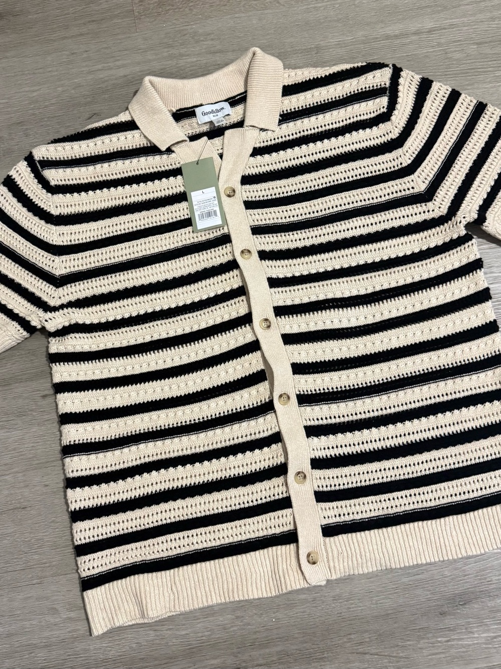 Goodfellow & Co Cream and Black Striped Short-Sleeve Polo Cardigan